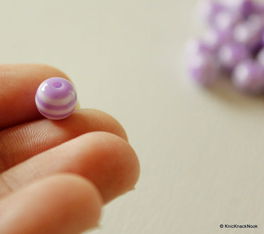 8mm Purple And White Striped Round Resin Spacer Beads x 20